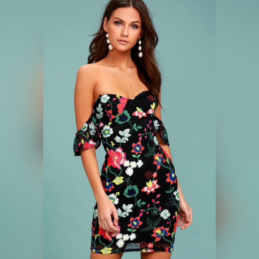 Hot Tropics Black Lace Embroidered Off-the-Shoulder Dress